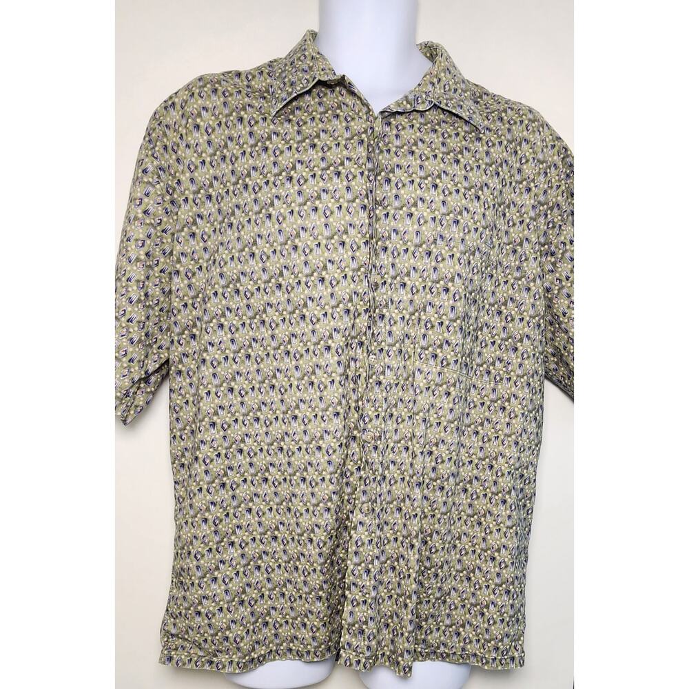 CAMPIA Moda XL Green Geometric Button Up Shirt Cotton‎ Short Sleeve